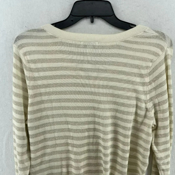 Charter Club Sweater Womens Sz PM Beige Gray Striped V-Neck Metallic Pullover - Picture 8 of 12